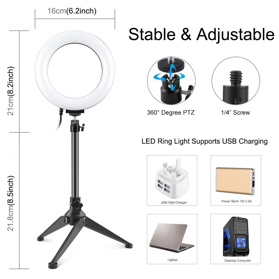 NNEIDS 6.2 Usb Led Ring Light With 10 Modes & Desktop Tripod Mount - Black - Image 3